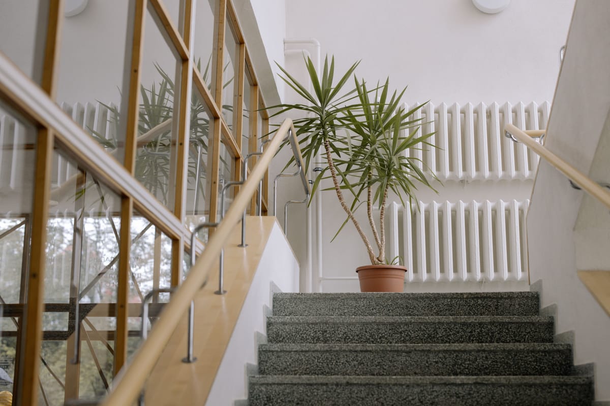 Trappenhuis met granito treden, houten leuning, radiatoren en een yucca op de overloop