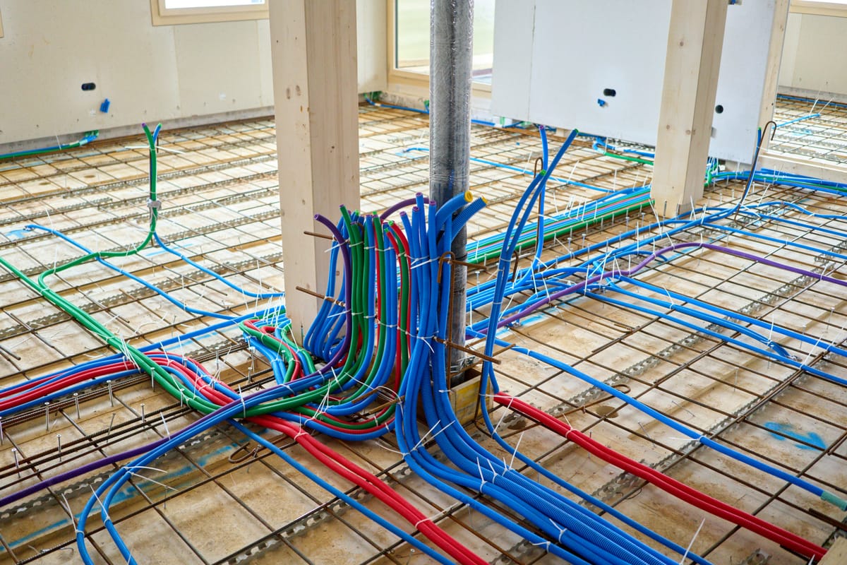 Gekleurde elektra- en installatieleidingen op een vloer in aanbouw