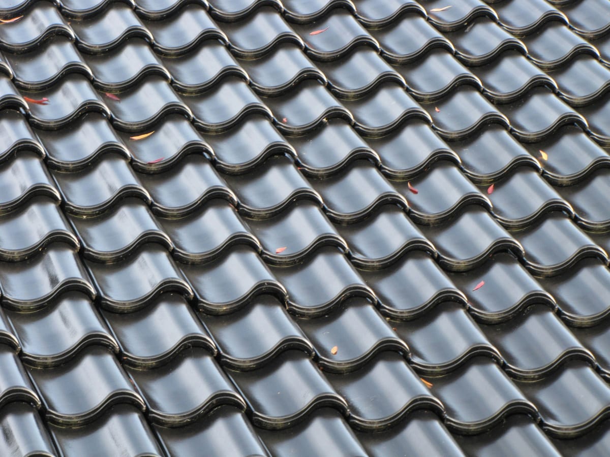 Zwart geglazuurde dakpannen met een paar gevallen blaadjes