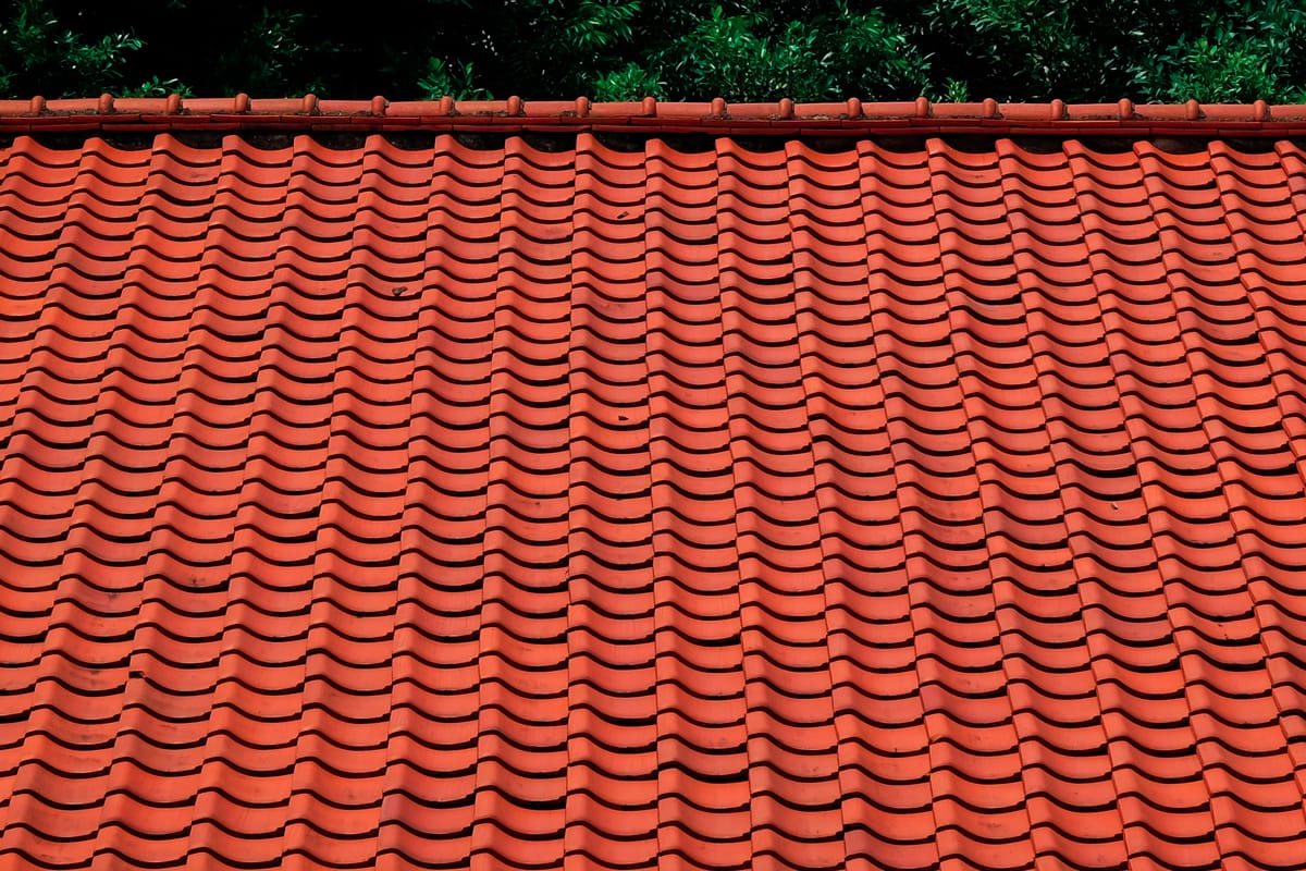 Oranje pannendak met nokvorsten tegen groene bomen