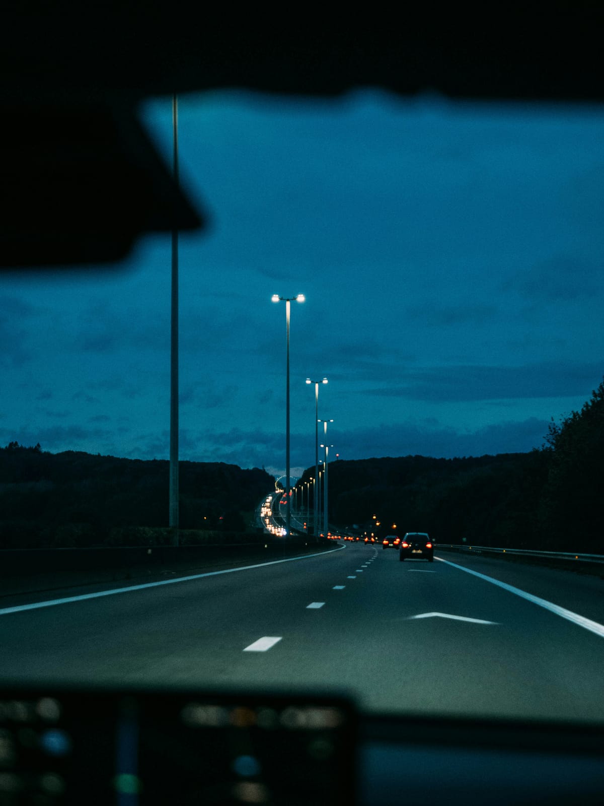 Snelweg met lantaarnpalen in de avond, door de voorruit gezien